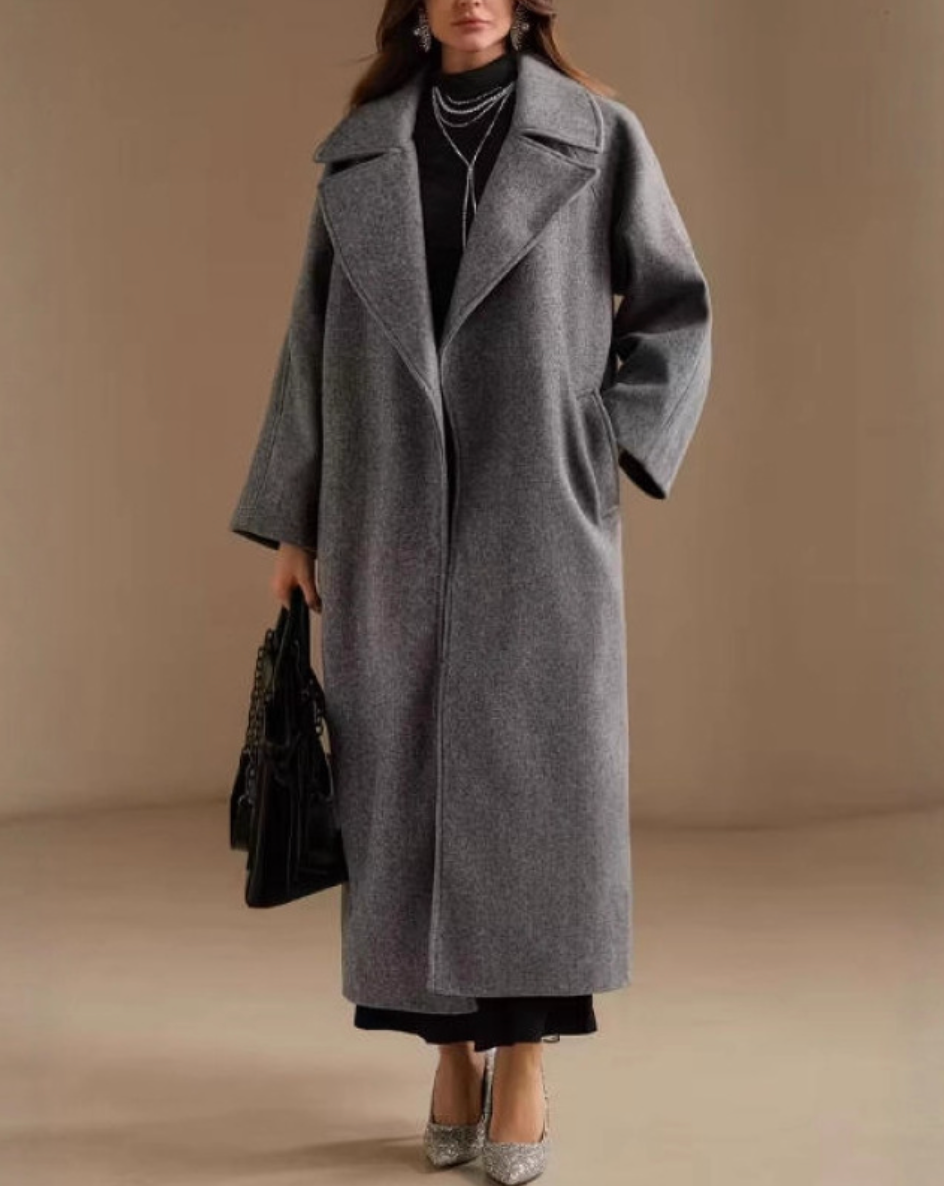 Dames Grijze Wollen Jas Lange Elegante Look