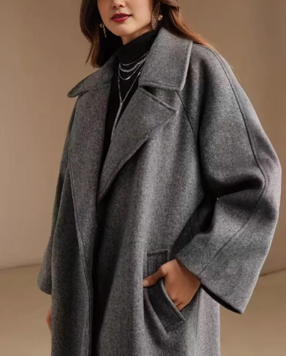 Dames Grijze Wollen Jas Lange Elegante Look