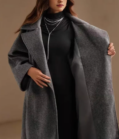 Dames Grijze Wollen Jas Lange Elegante Look
