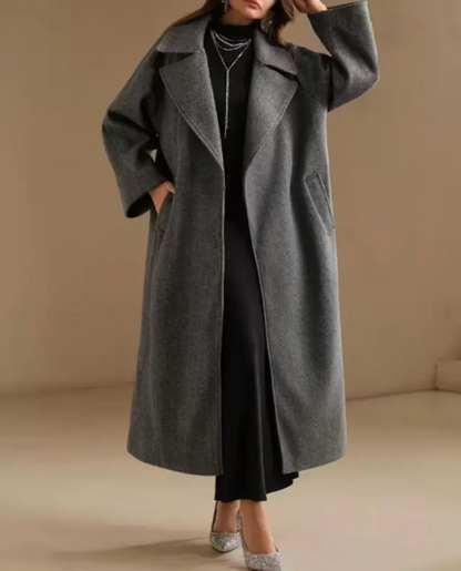 Dames Grijze Wollen Jas Lange Elegante Look