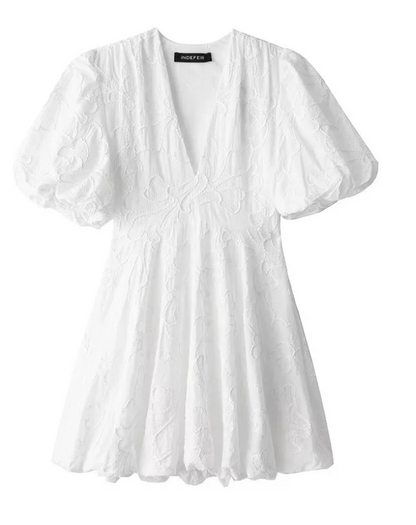Romantische Dames Jurk Wit met Ruches en Geborduurde Details