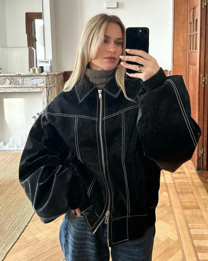 Velanora Oversized Vegan Leren Damesjas – Stijlvolle Jas voor Herfst en Winter