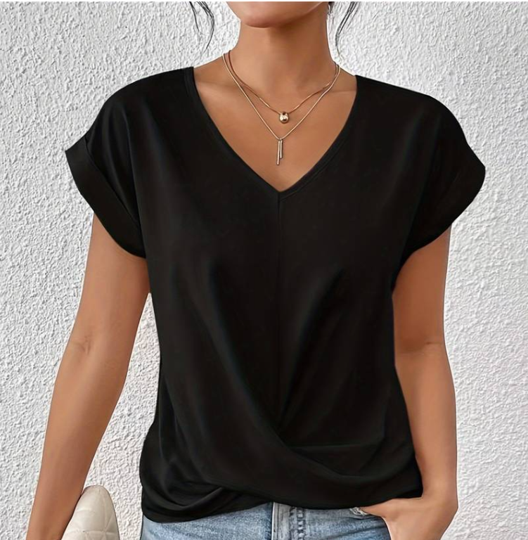 V-Hals Top met Gewikkelde Zoom en Casual Stijl