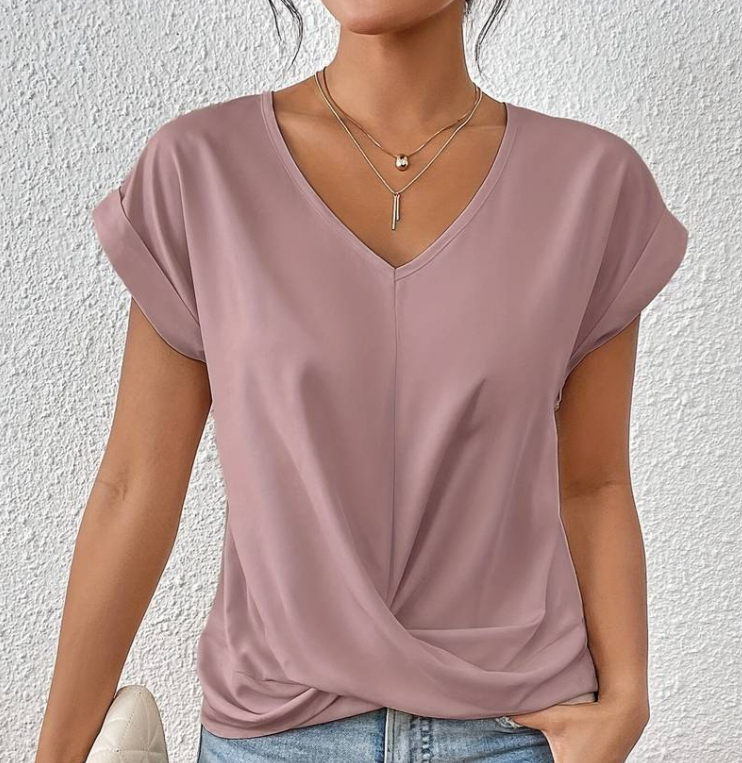 V-Hals Top met Gewikkelde Zoom en Casual Stijl