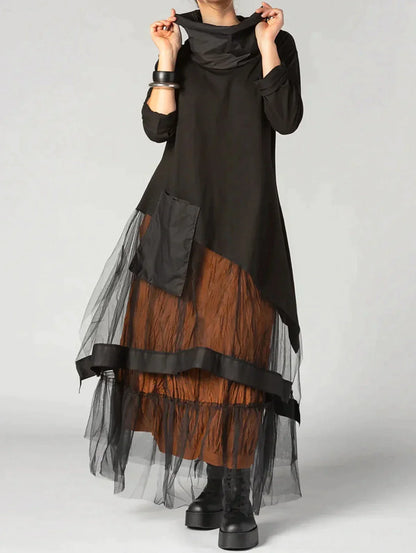 Jurk met Lange Mouwen Ronde Hals Patchwork Stijl