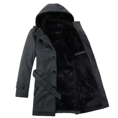 Heren Trenchcoat met Capuchon – Wolmix, Imitatiebont Gevoerd, Enkelrijig Design