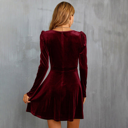 Rode Jurk Fluwelen Midijurk met V-Hals en Flair
