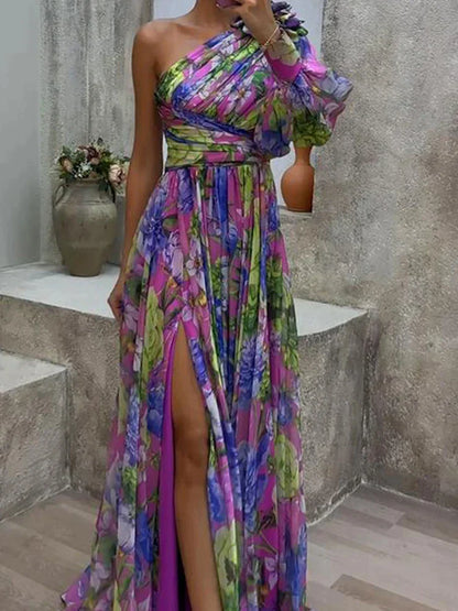 Paarse Maxi Jurk met Zijsplit en Enkele Mouw