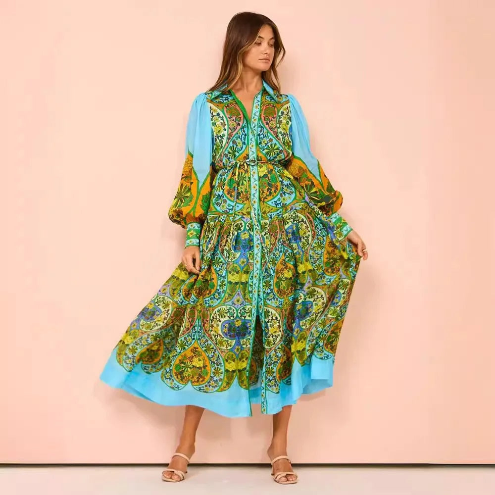 Vrouwelijke Jurk met Unieke Print en Ballonmouwen - Mode Vibes