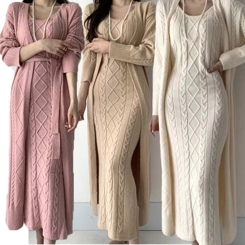 Warme Gebreide Winterjurk met Vest 2-Delige Set - Mode Vibes
