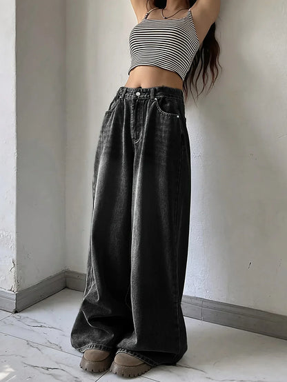 Hoge Taille Dames Jeans Breed Been Zwart Blauw