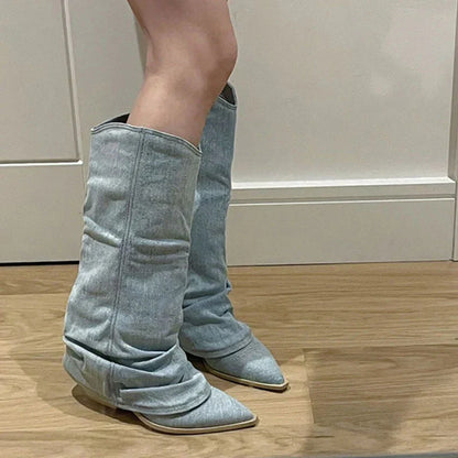 Kniehoge Denim Laarzen voor Vrouw Met Hak
