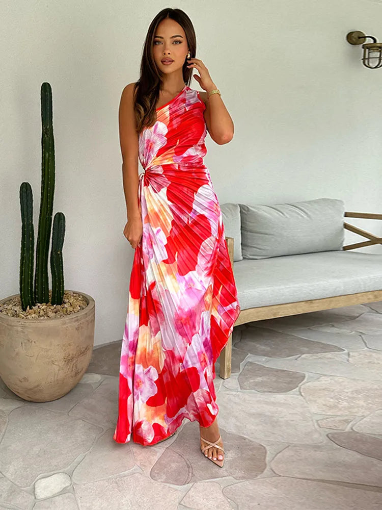 Vrouwelijke Plissé Jurk met Bloemenpatroon Elegante Stijl