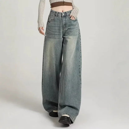 Dames High Waist Jeans Grijze Wide Leg Spijkerbroek Stoere Look - Mode Vibes