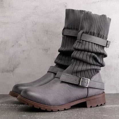 Dames Leren Laarzen Warm Gebreid Wol Winter