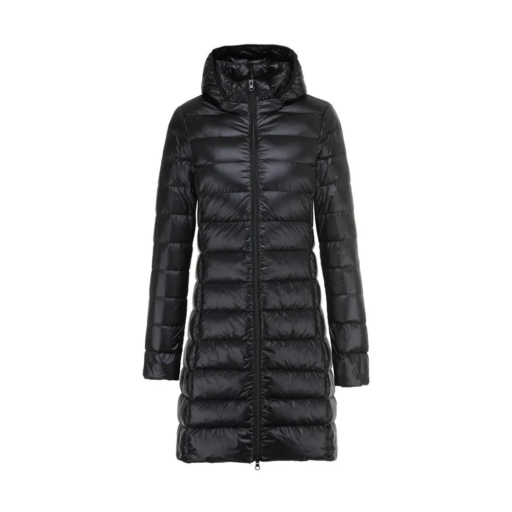 Lange Dames Donsjas met Afneembare Capuchon – Lichtgewicht & Warm