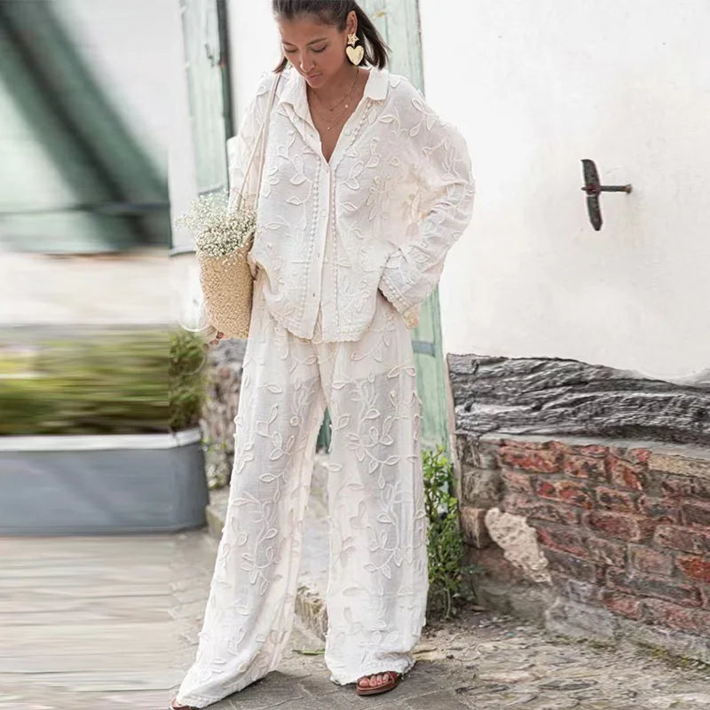 Vrouwelijke Zijden Katoenen Pyjama Set Lange Mouwen
