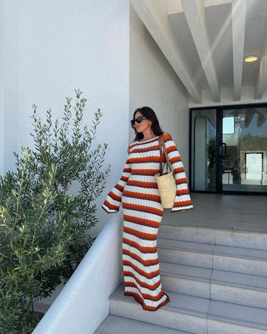 Gebreide Maxi Jurk Zonder Rug Streeppatroon - Mode Vibes