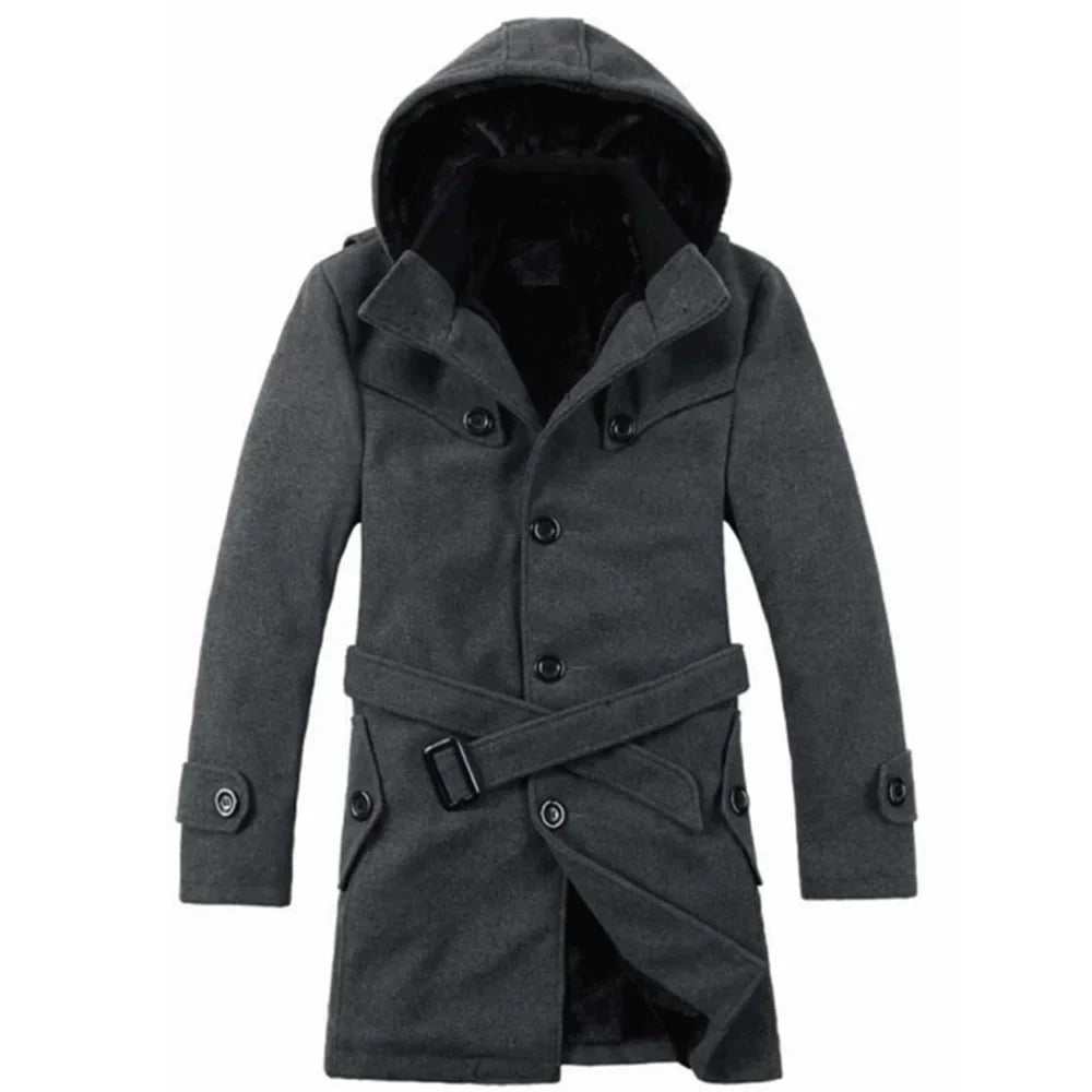 Heren Trenchcoat met Capuchon – Wolmix, Imitatiebont Gevoerd, Enkelrijig Design