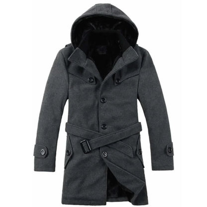 Heren Trenchcoat met Capuchon – Wolmix, Imitatiebont Gevoerd, Enkelrijig Design