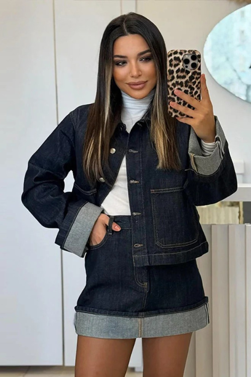 Dames Denim Set - Cropped Jeansjasje en High Waist Minirok - Mode Vibes