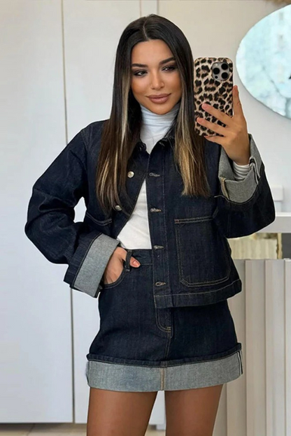 Dames Denim Set - Cropped Jeansjasje en High Waist Minirok - Mode Vibes