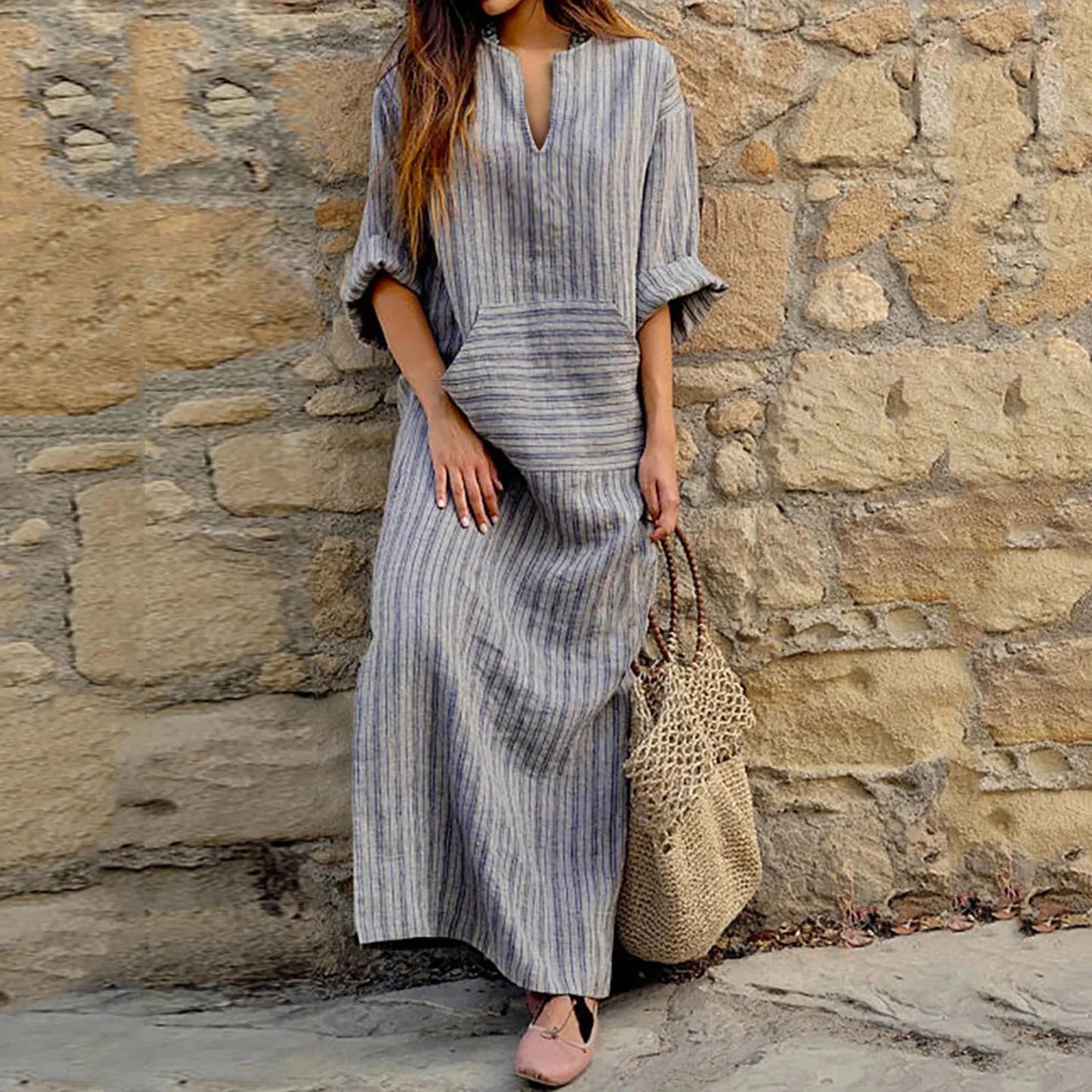 Jurk van katoen en linnen met strepen Zomerjurk Vrouw - Mode Vibes