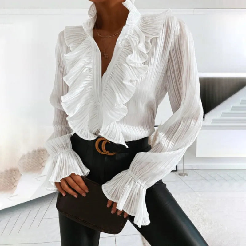 Vrouwelijke Blouse Lange Mouwen Geruffeld