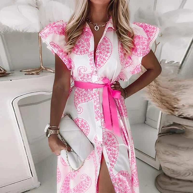 Midi Jurk Korte Mouw V-Hals Knoop Print Zomerjurk