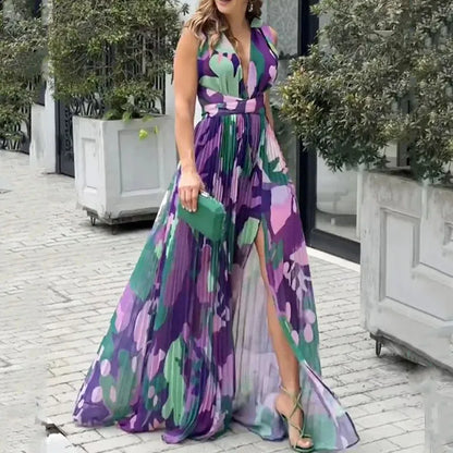 Elegante Maxi Jurk Zonder Mouwen V-Hals Zijdeachtig - Mode Vibes