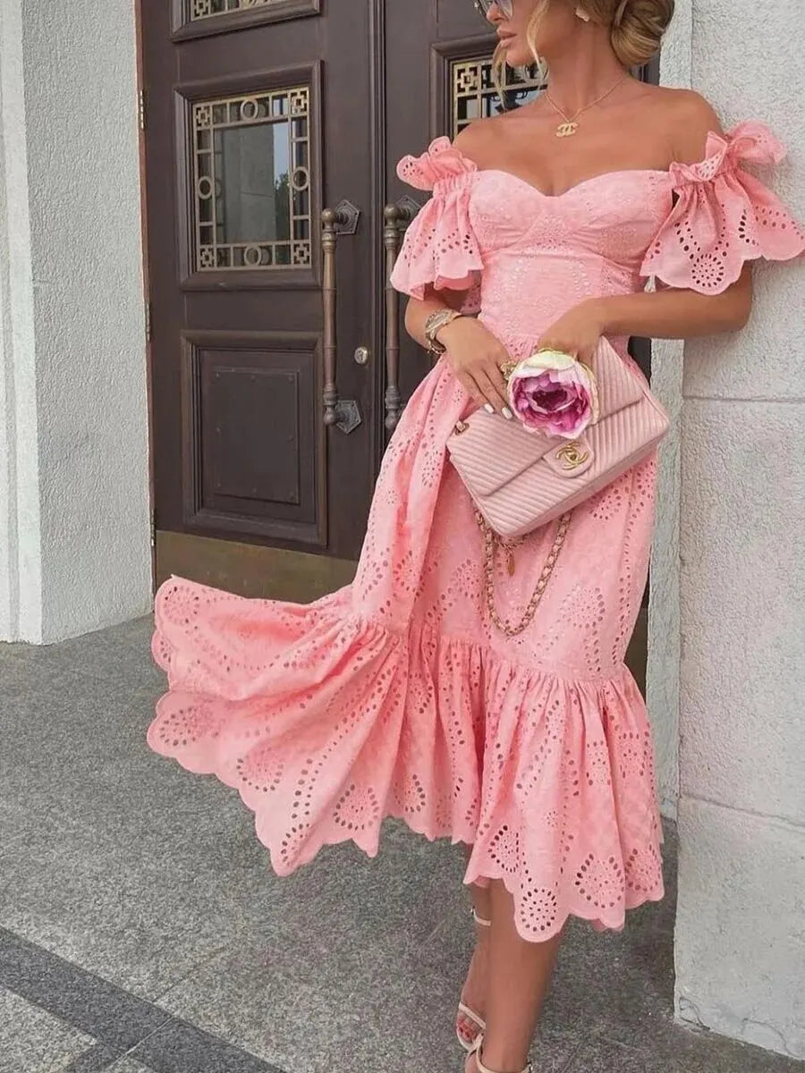 Prinsessenjurk Off-the-shoulder Rood Roze Feestjurk - Mode Vibes