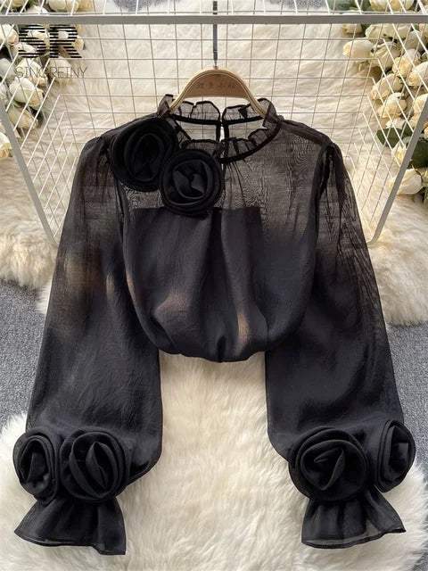 Modieuze Mesh Bloemen Blouse