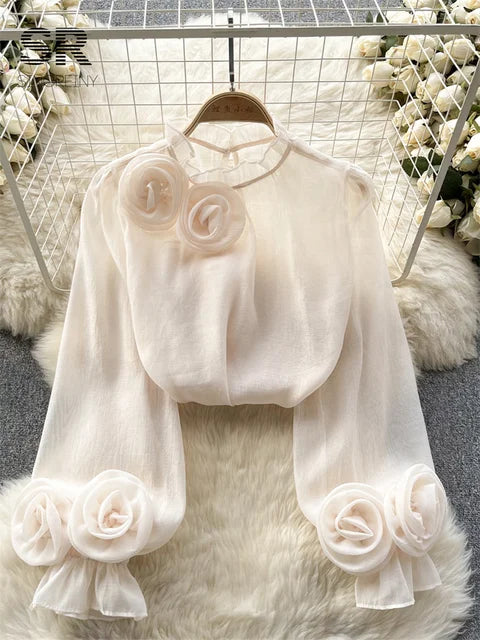 Modieuze Mesh Bloemen Blouse