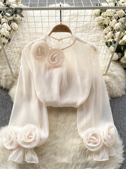 Modieuze Mesh Bloemen Blouse