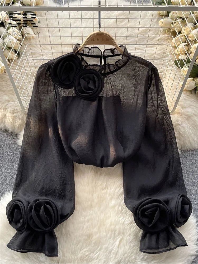 Modieuze Mesh Bloemen Blouse