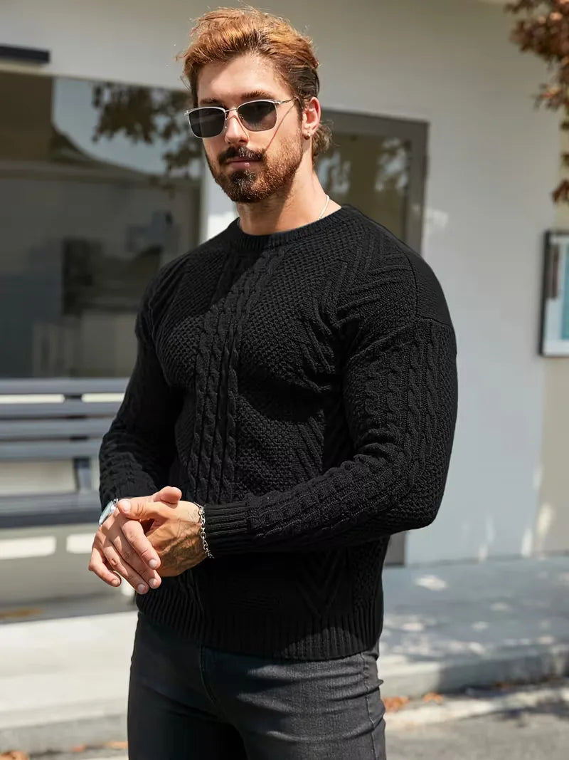 Kabeltrui Slim Fit Crew Neck Zwart - Mode Vibes
