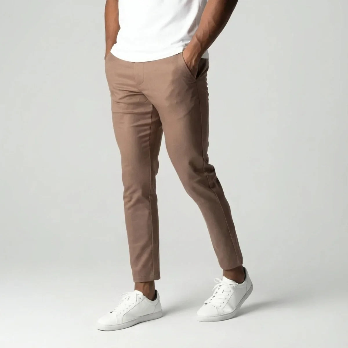 Lichtbruine Stretch Broek Slim Fit Elastische Band - Mode Vibes