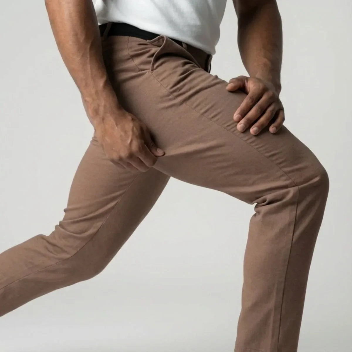 Slim fit lichtbruine stretch broek met elastische tailleband