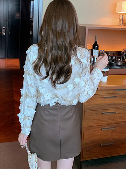 Herfst Chiffon Blouse met 3D Bloemen voor Vrouwen