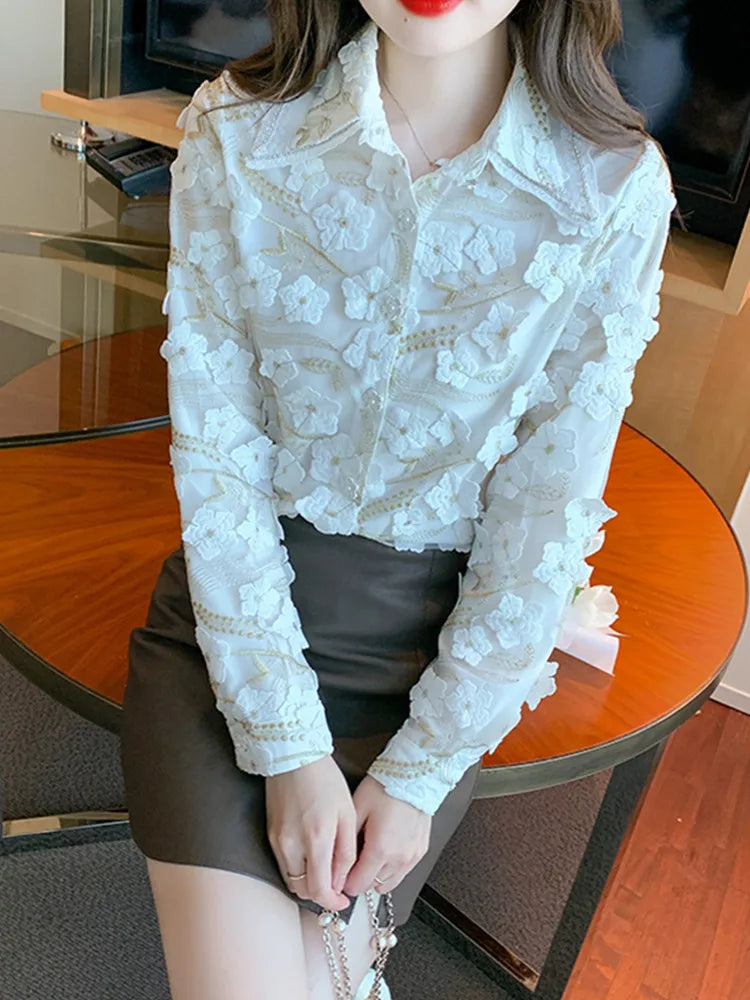 Herfst Chiffon Blouse met 3D Bloemen voor Vrouwen