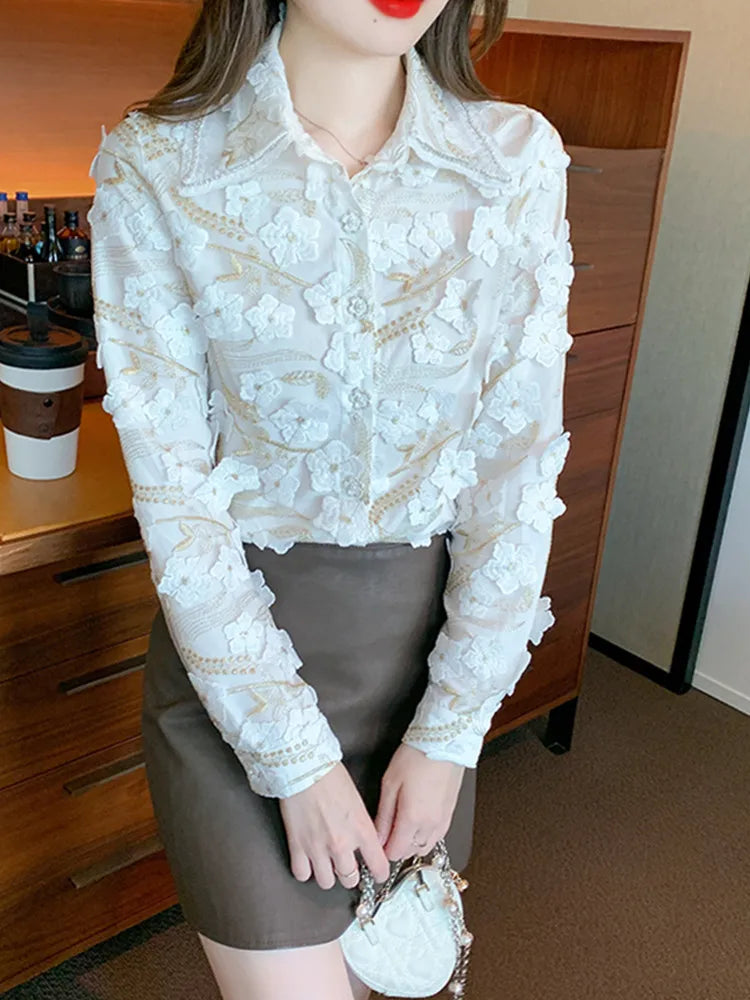 Herfst Chiffon Blouse met 3D Bloemen voor Vrouwen