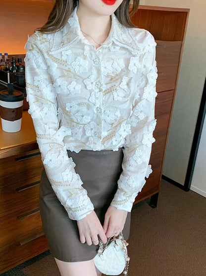 Herfst Chiffon Blouse met 3D Bloemen voor Vrouwen