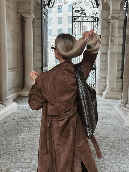 Suède Trenchcoat voor Dames – Klassieke Lange Jas met Ceintuur