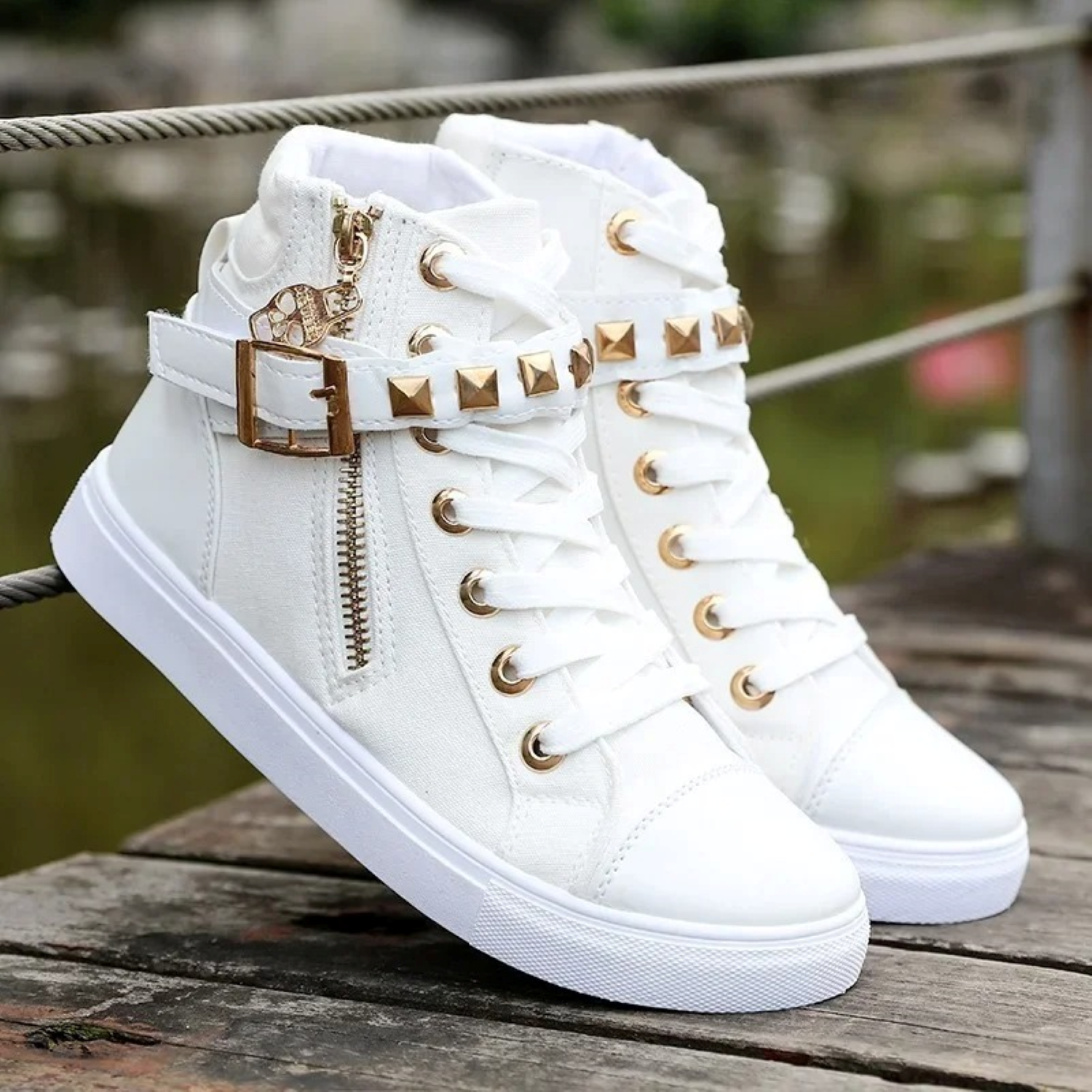 Dames Hoge Leren Sneakers Wit met Rits - Mode Vibes