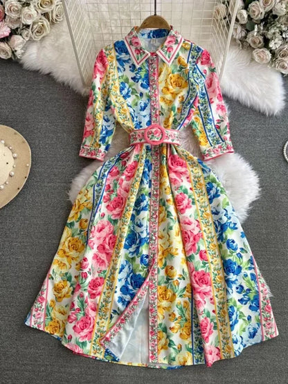 Zomerse Parel Vintage Paleis Stijl Chiffon Jurk met Turn-Down Kraag