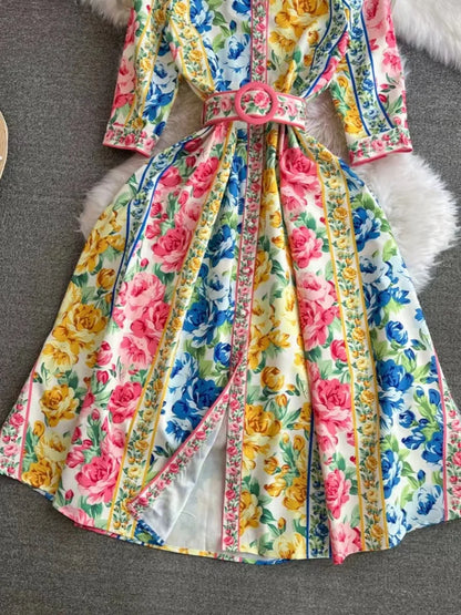 Zomerse Parel Vintage Paleis Stijl Chiffon Jurk met Turn-Down Kraag