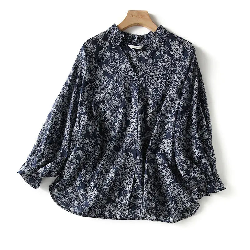 Vintage Print Blouse met V-hals en 3/4 Mouwen