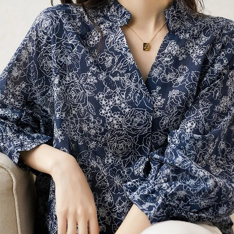 Vintage Print Blouse met V-hals en 3/4 Mouwen