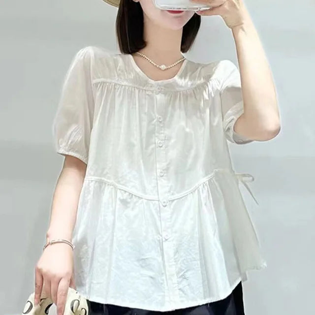 Elegante Zomerblouse met O-hals, Strik en Plooien