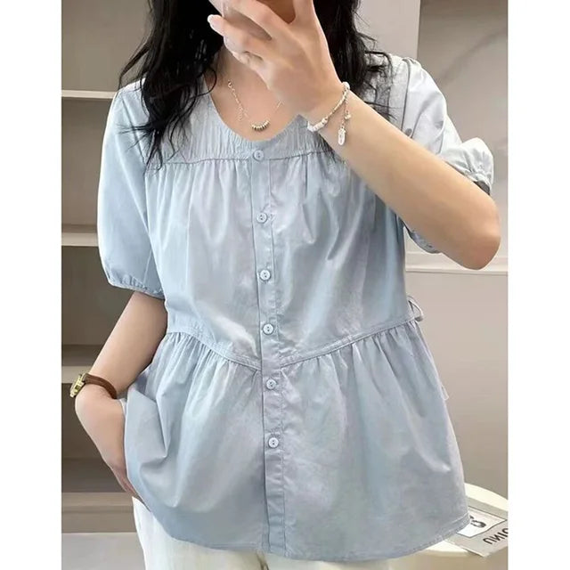 Elegante Zomerblouse met O-hals, Strik en Plooien